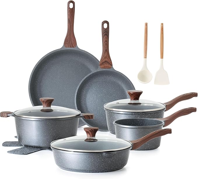SENSARTE Nonstick Cookware Set 16-Piece Healthy Pots and Pans Set Non-stick Kitchen Cooking Set with Stay-Cool Handles Silicone Utensils and Pot Protectors PFOA Free