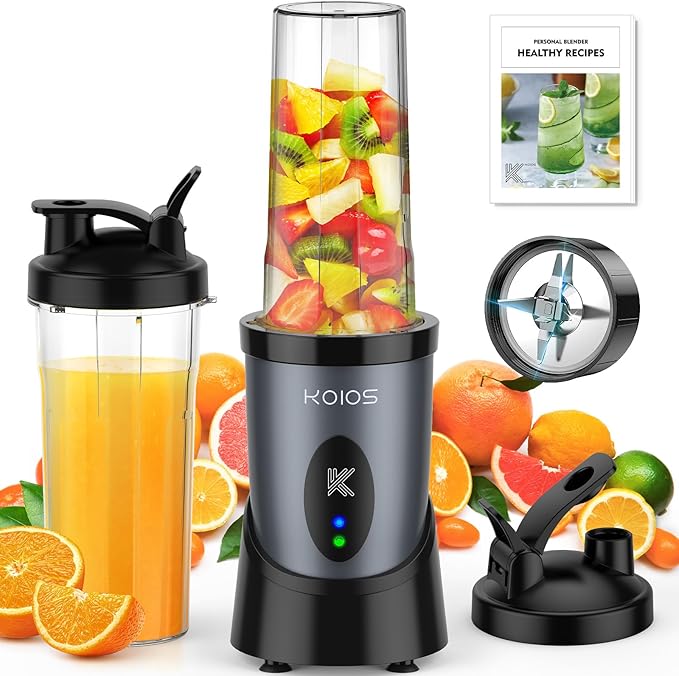 KOIOS Smoothie Blender 900W Personal Blender for Shakes and Smoothies for Kitchen with 2 Portable Cups 22oz Single Serve Smoothies Maker Mixer for Juices Nutritious Recipe Grey Blue