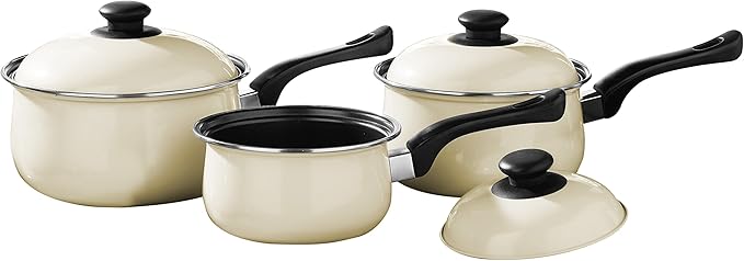 Premier Housewares Pots and Pans Sets Non Stick Set of 3 Alloy Black/Cream Cookware Everyday Use Kitchen Set Dishwasher Safe Cooking Pans with Lids