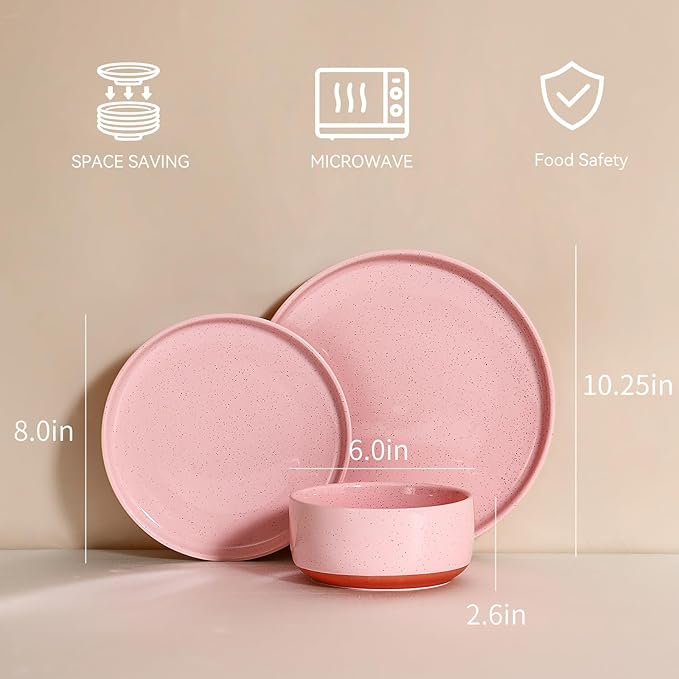 GZG Modern Art Series - 18 Pcs Speckled Stoneware Plates and Bowls Sets Ceramic Dinnerware Set with Rustic Terracotta Underside Microwave and Dishwasher Safe Handcrafted Dishes Set - Blush Pink