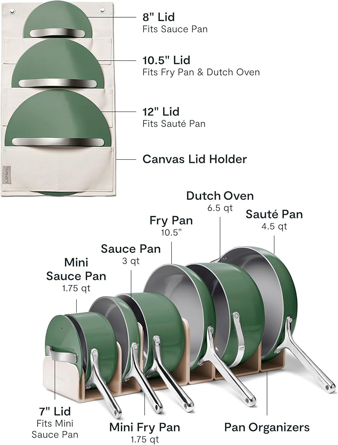 Caraway Deluxe Non-stick Ceramic Cookware Set (16 Piece) Pots Frying Pans Lids and Kitchen Storage - PFAS &amp PFOA Free - Oven Safe Pan Set &amp Compatible with All Stovetops - Sage