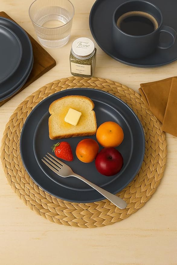 12-Piece Stoneware Dinnerware Set with Mugs Matte Glaze Microwave &amp Dishwasher Safe Stackable Service for 3 White (Blue of 3)
