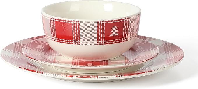 Martha Stewart Christmas Plates 12 Piece Decorated Red and White Stoneware Dinnerware Set