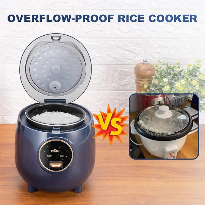 Bear Mini Rice Cooker 2 Cups Uncooked 1.2L Portable Non-Stick Small Travel Rice Cooker BPA Free One Button to Cook and Keep Warm Function Blue