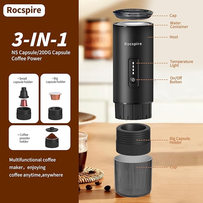 Portable Espresso Maker with Stainless Steel Body | 7500mAh Rechargeable Battery | 20 Bar Self-Heating with USB-C | Works with Most Capsules Compatible for Camping Travel Outdoor (Black)