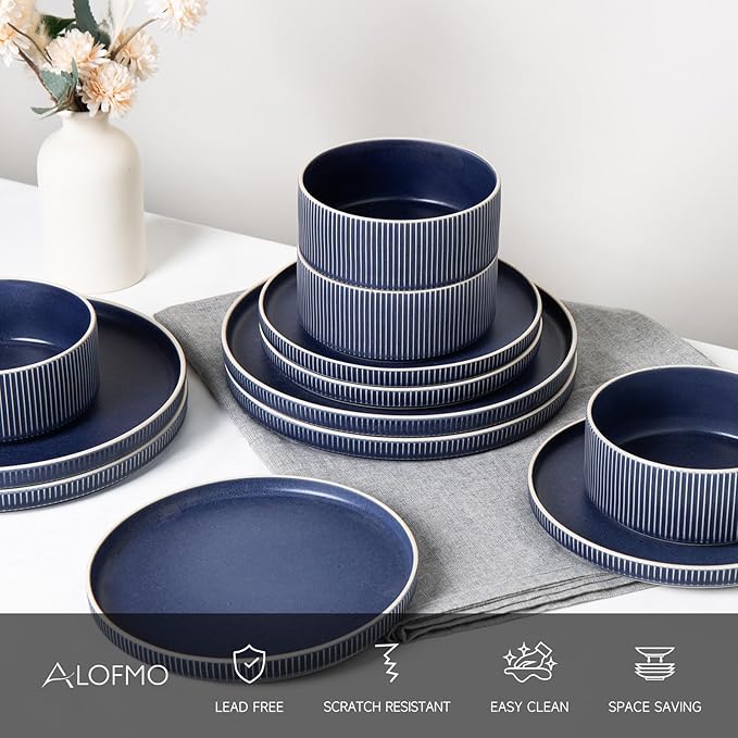 Dinnerware Set Service for 8 24-Piece Ceramic Plates and Bowls Set Chip &amp Scratch Resistant Microwave and Dishwasher Safe Modern Minimalist Tableware for Everyday Use Matte Blue