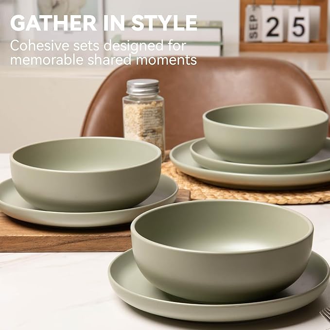 12-Piece Matte Green Dinnerware SetStoneware Dinnerware for 3 Microwave &amp Dishwasher Safe Stackable Design for Kitchen and Dining - PlatesBowls and Mugs
