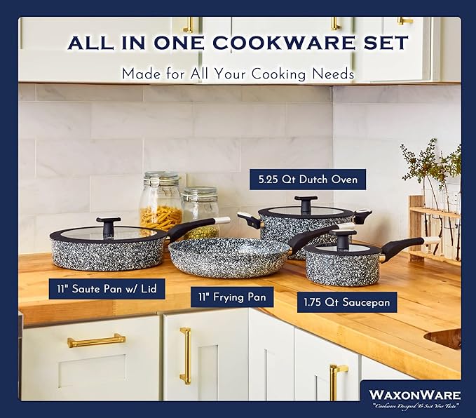 Waxonware 7pc Nonstick Cookware Set Granite Pots and Pans Set Nonstick - Dishwasher Safe and 100% PFOA &amp PTFE Free - Kitchen Pot and pan set - Stonetec Series