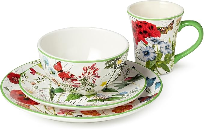 Greenhouse 16-Piece Dinnerware Set Service for 4 Botanical Patterns with Butterflies &amp Dragonflies Durable &amp Stylish Perfect for Brunches Family Dinners &amp Nature-Inspired Tablescapes