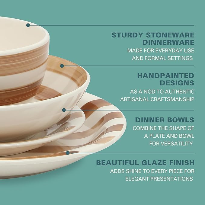 Gibson Home Kenwood Shores 16 Piece Dinnerware Set Brown Striped Stoneware Hand-Painted Plates and Bowls Service for 4 Microwave &amp Dishwasher Safe