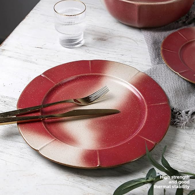 Ceramic Dinnerware Sets for 4 12 Pieces Dishes Set for Kitchen Porcelain Floral Plates and Bowls Set Microwave and Dishwasher Safe Scratch Resistant Underglaze painting (Gradient Red)