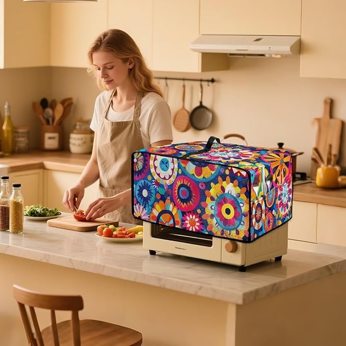 Boho Floral Toaster Oven Cover Heavy Duty Heat-resistant Waterproof Dust-Proof Protective Case with Side Pockets for Bake Air Fry Toaster Oven Easy Maintenance