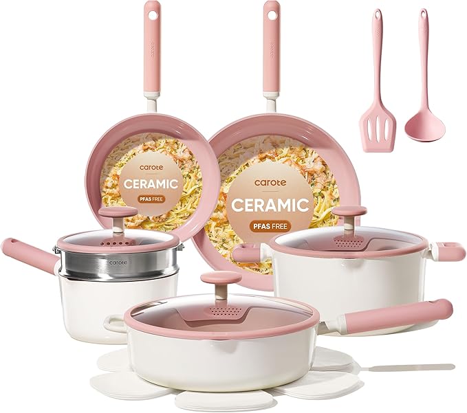 CAROTE Ceramic Cookware Set Nonstick 15pcs Pots and Pans Set Non stick Non Toxic CookwareDishwasherRV/Camping Cookware Set Pan and Pot with Kitchen Utensils Pink
