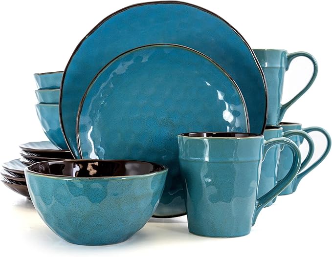 16 Piece Turquoise Stoneware Dinnerware Set – Textured Plates Bowls &amp Mugs for 4 Dishwasher &amp Microwave Safe