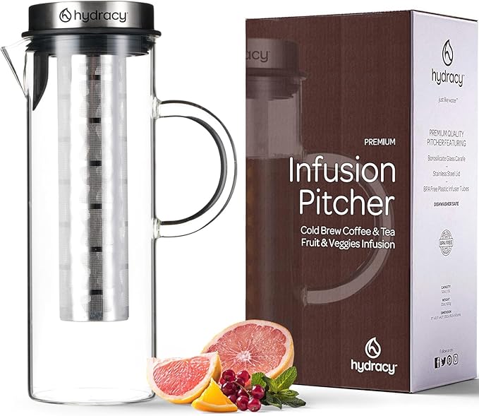 Cold Brew Coffee Maker - Large Glass Infusion Pitcher 1.6 Quarts 52oz - Iced Coffee &amp Iced Tea Pitcher with Stainless Steel Lid &amp Fruit Infusion Tube - Perfect for Home or Office