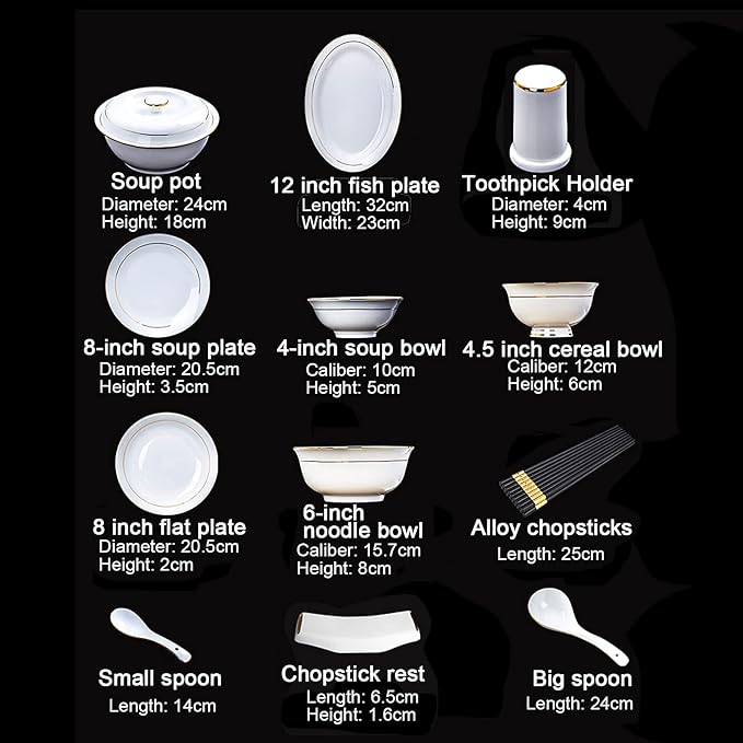 42 Pieces Dinner Set for 6 White Porcelain Bone China Kitchen Combi-Set Tableware Set with Cereal Bowl Bowls Dessert Plates Soup Plates Dinner Plates with Gold Rim