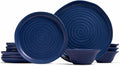 KooK Ceramic Dinnerware Set Service for 4 (12-Piece) Plates &amp Bowls Microwave &amp Dishwasher Safe Organic Shape Navy Blue Spiral