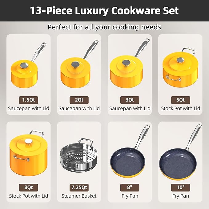 Nuwave Lux 13pc Forged Lightweight Cookware Set PFAS Free Healthy G10 Duralon Ceramic Coating Ultra Non-Stick Stay-Cool Handles Works on All Cooktops &amp Induction Ready