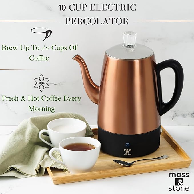 Moss &amp Stone 10 Cup Copper Percolator Coffee Pot Electric Stainless Steel Coffee Percolator Electric With Keep Warm Function Classic Perculator Pot With Removable Basket for Home or Office
