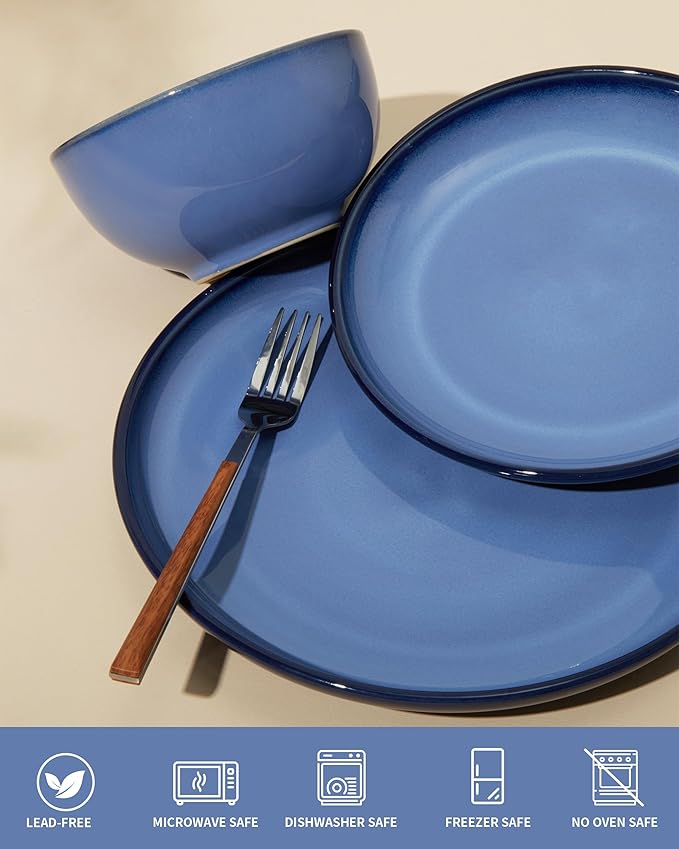 Stoneware Dinnerware Sets Ceramic Plates and Bowls Set Microwave &amp Dishwasher Safe Kitchen Dish Set Modern Dinner Plates | Salad Plate | Cereal Bowls for 4 Dishware Sets Blue