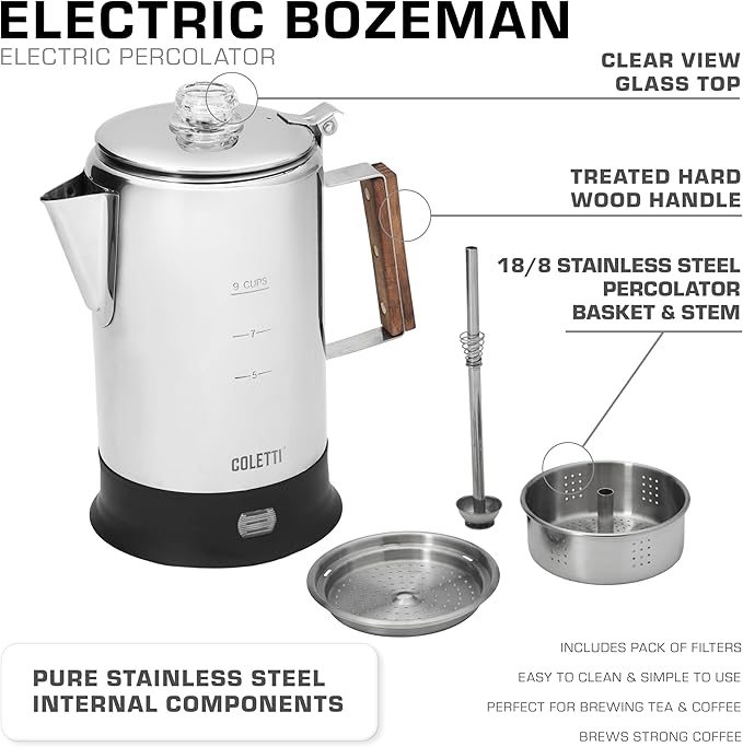 COLETTI Bozeman Electric Percolator — Percolator Coffee Pot Coffee Percolator – [9 cup Stainless Steel]