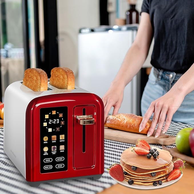 SEEDEEM Toaster 2 Slice Full Touch Control Stainless Toaster LCD Display 50% Faster Heating Speed 6 Bread Type 7 Shade Setting 1.5''Wide Slots Removable Crumb Tray 1350W Dark Cherry