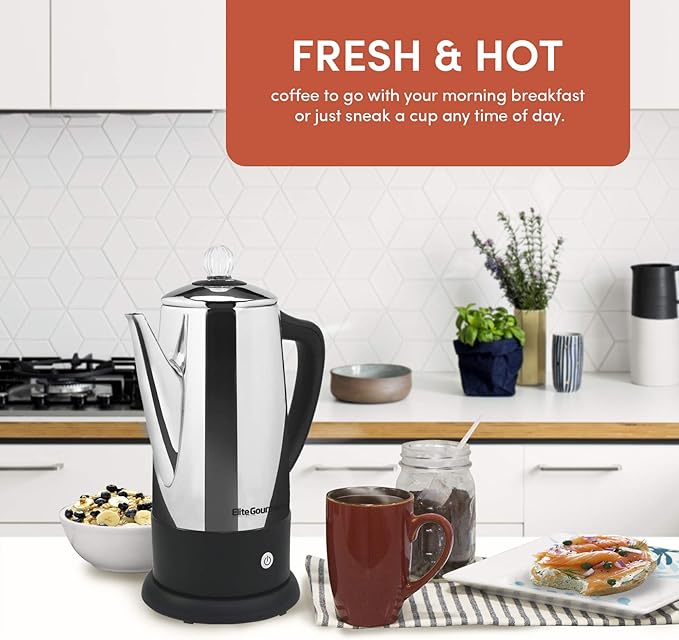 Elite Gourmet EC812 Electric 12-Cup Coffee Percolator with Keep WarmClear Brew Progress Knob Cool-Touch Handle Cord-less ServeStainless Steel(Pack of 4)