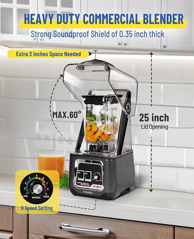 CRANDDI Professional Smoothie Blender 2200W Commercial Soundproof Quiet blender with Removable Soundproof Shield for Crushing Ice MilkShakes Puree Self-Cleaning 50oz 110V K80 (Grey)