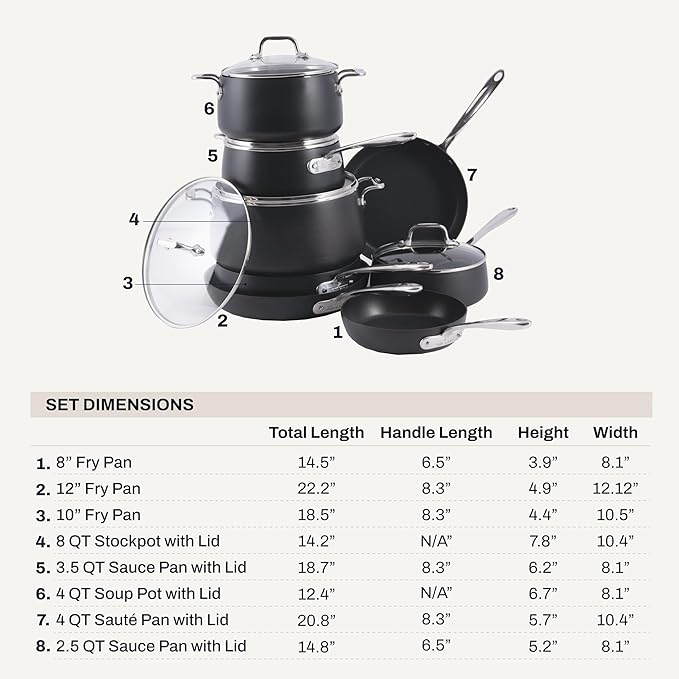 All-Clad HA1 Hard Anodized Nonstick Cookware Set 13 Piece Induction Oven Broiler Safe 500F Lid Safe 350F Pots and Pans Black