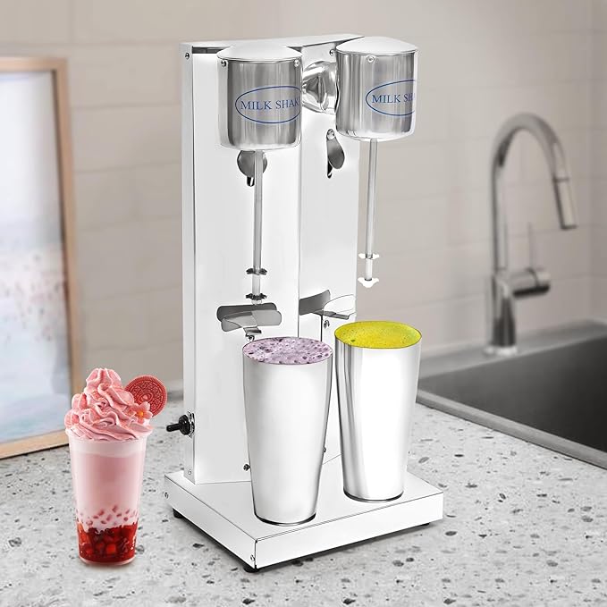 PERFERATE Electric Milkshake Maker Machine 110V Double-head Commercial Milkshake Machine 2 Speeds Stainless Steel Smoothie Blender 27-Oz/Cup Drink Mixer Frappe Machines for Cafe (Double-Head)