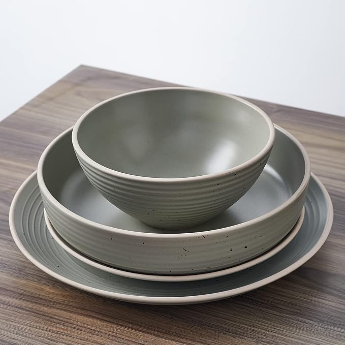 Stone Lain Lauren Stoneware Rustic Plates and Bowls Set Dinnerware Service for 8 Speckled Green Dishwasher &amp Microwave Safe 32-Piece