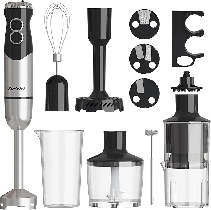 6 in 1 Professional Immersion Blender Heavy Duty Hand Blender with 12-Speed &amp 10 Attachments 20OZ Food Chopper Stainless Steel Whisk Milk Frother Electric Stick Mixer