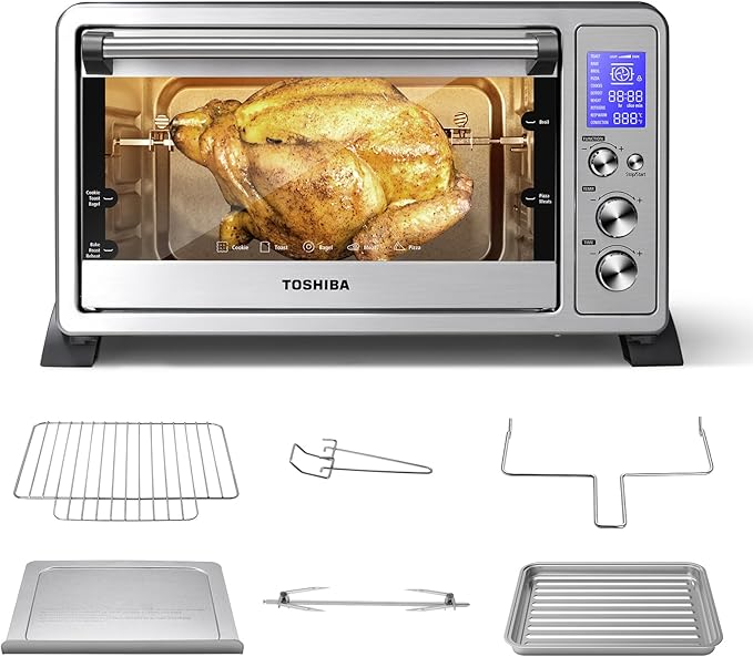 TOSHIBA AC25CEW-SS Large 6-Slice Convection Toaster Oven Countertop 10-In-One with Toast Pizza and Rotisserie 1500W Stainless Steel Includes 6 Accessories