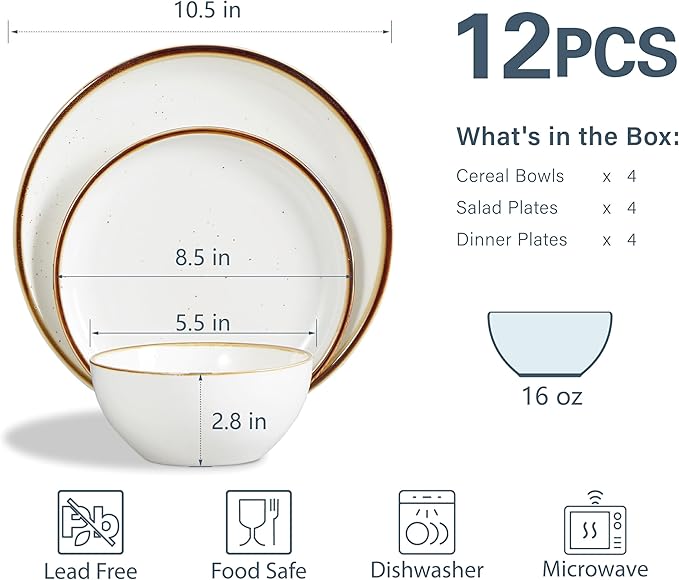 ONEMORE Plates and Bowls Set Dinnerware Sets for 4 Porcelain Kitchen Dishes Set 12pcs Scratch Resistant Modern Aesthetic Dishware Sets- Microwave &amp Dishwasher Oven SafeFarmhouse Style Cream W