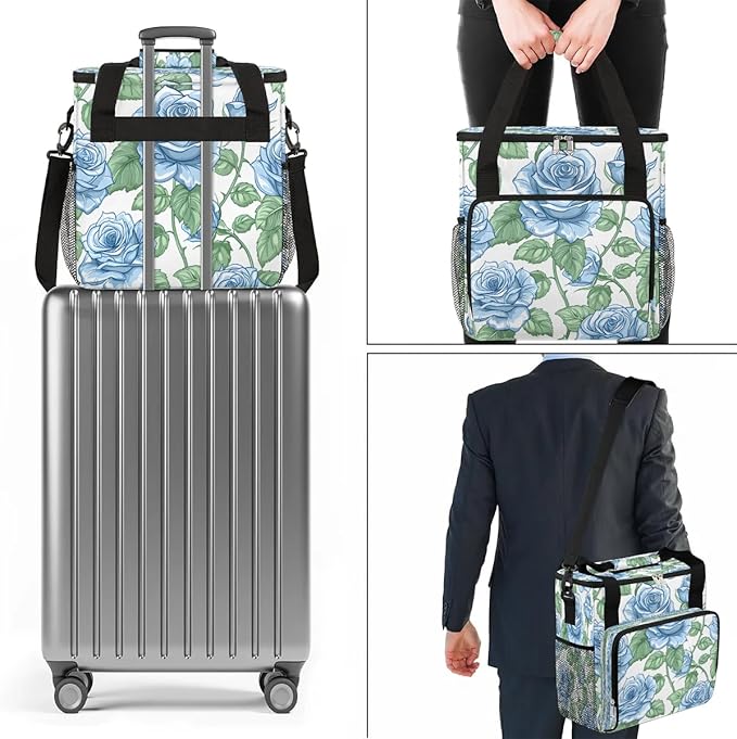 Blue Rose Print Coffee Maker Carrying Bag Compatible with K-Mini or K-Mini Plus Portable Single Cup Coffee Maker Case with Pockets for K Cup Pods