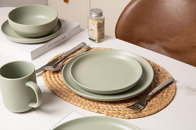 12-Piece Stoneware Dinnerware Set for 4 10 Plates &amp 7.5 Salad Plates &amp 5.9 Bowls Microwave &amp Dishwasher Safe Stackable Matte Glaze Kitchenware Chip &amp Scratch Resistant(Green)