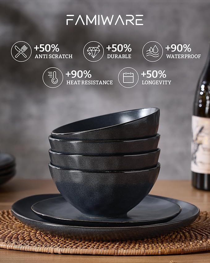 Famiware Dinnerware Sets for 8 Ocean Round 24-Piece Kitchen Plates and Bowls Sets Microwave and Dishwasher Safe Scratch Resistant Matte Black