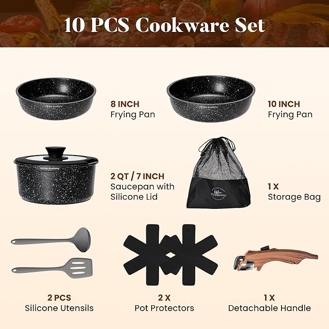 Kitchen Academy Removable Handle Induction Pots and Pans Set - 10 Piece Non-stick Cookware Sets Black Granite Stackable RV Cookware for Camp