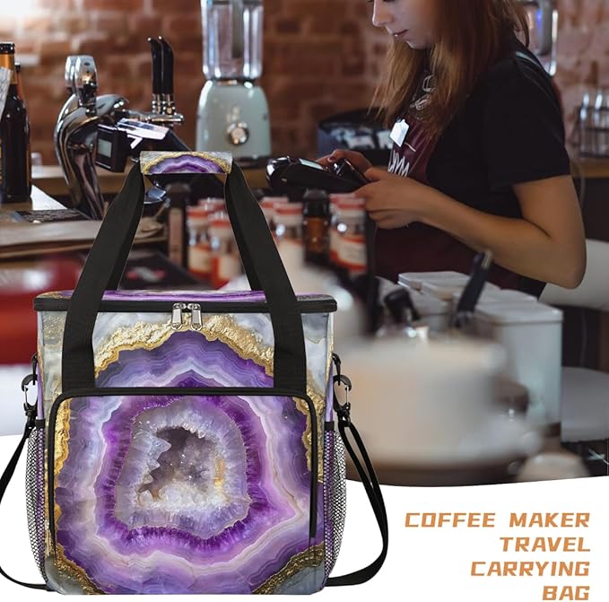 Purple Gold Marble Coffee Maker Carring Bag Travel Carrying Storage Tote Bag Compatible with Keurig K-Mini or K-Mini Plus Portable Single Serve Coffee Brewer Case with Pockets for K-cup Pods