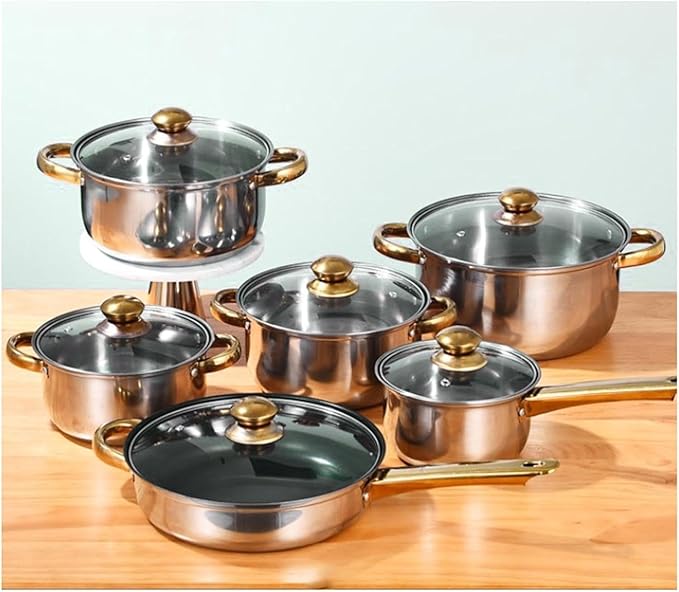 Pots and Pans Set 6 Pieces Stainless Steel Cooking Set Portable with Glass Lid Cookware Pots and Pans Set for Home Kitchen Cooking Set(B)