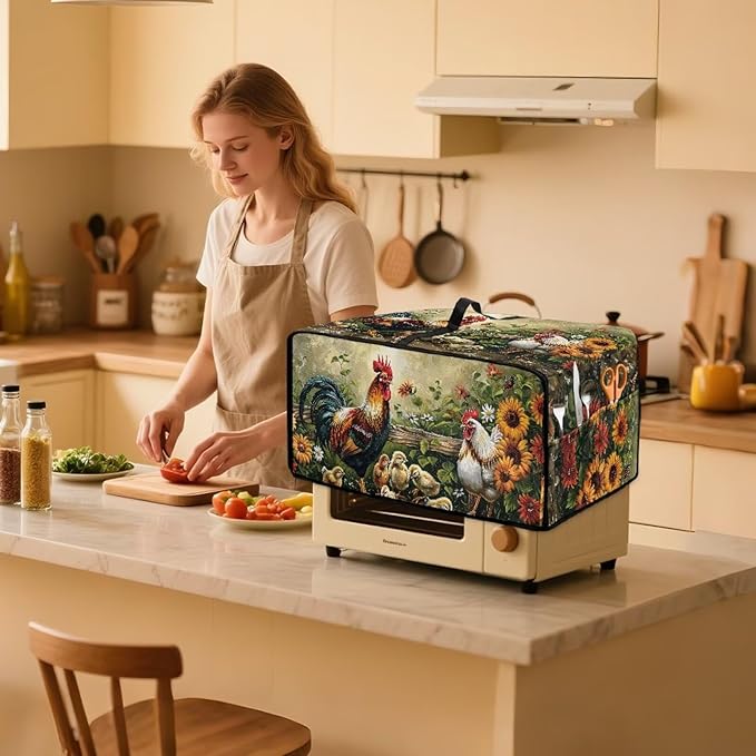 Doojoayie Small Appliance Covers Rooster &amp Flower Toaster Oven Cover 4 Slice Kitchen Appliance Dust Protector 18.5x14.5x 9 Compatible with Toaster/Bread Machine