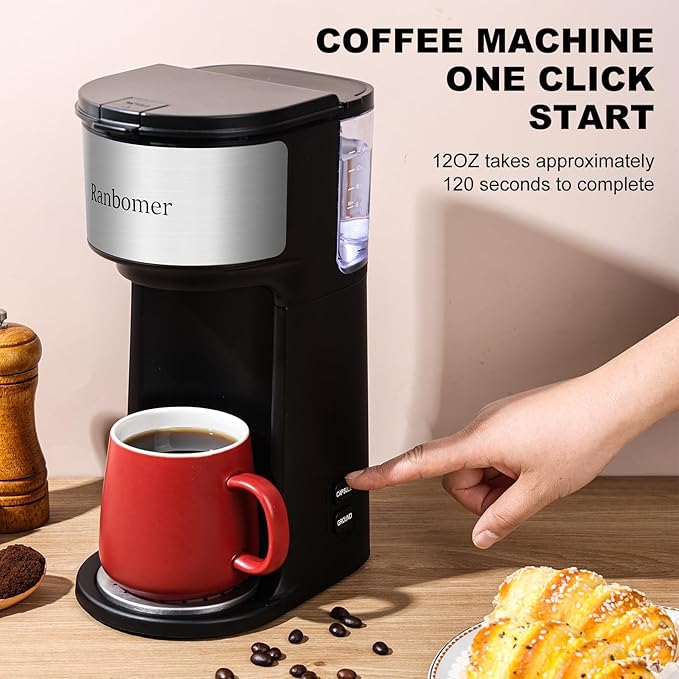K Cup Coffee Maker Single Serve coffee machine or Ground Coffee Machine 2 in 1 6 to 14 Oz Brew Sizes Mini One Cup Coffee Maker with Self cleaning Function Fits Travel Mug Black