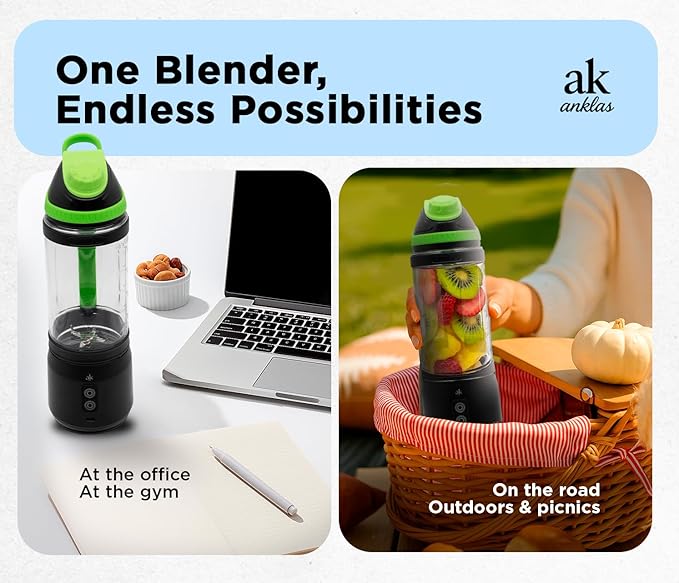 Rechargeable Smoothie Blender 700ml – Portable Mini Travel Blender for Shakes and Smoothies with Six Stainless Steel Blades and USB Charging (Black and Green)