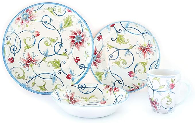 Tudor Royal Collection 24-Piece Round Dinnerware Set Service for 6 Botanical Design Summer Flowers Plates Bowls Mugs Dishes High-Gloss Premium Quality
