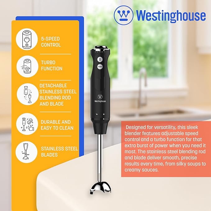 Westinghouse Hand Blender - 5-Speed Blender with Turbo Function Stainless Steel Rod &amp Blade Easy Clean Design for Smoothies Soups &amp Sauces - Everyday Series Appliance Black