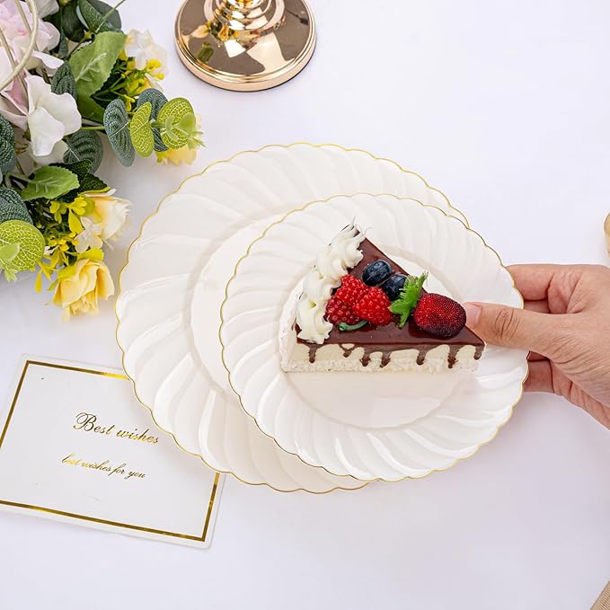 U-QE 100 Piece Ivory Scalloped Plastic Plates for Party with Gold Rim - Plastic Party Plates Disposable Heavy Duty - High End Disposable Plates Include 50pcs Dinner Plates 9&amp50pcs Dessert Plates