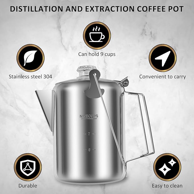 Percolator Coffee Pot with Clear Top Glass KnobCoffee Percolator Stainless Steel Camping Coffee Pot Outdoor Stovetop Coffee Maker for Group Camping Hiking Backpacking Travel 9 Cups