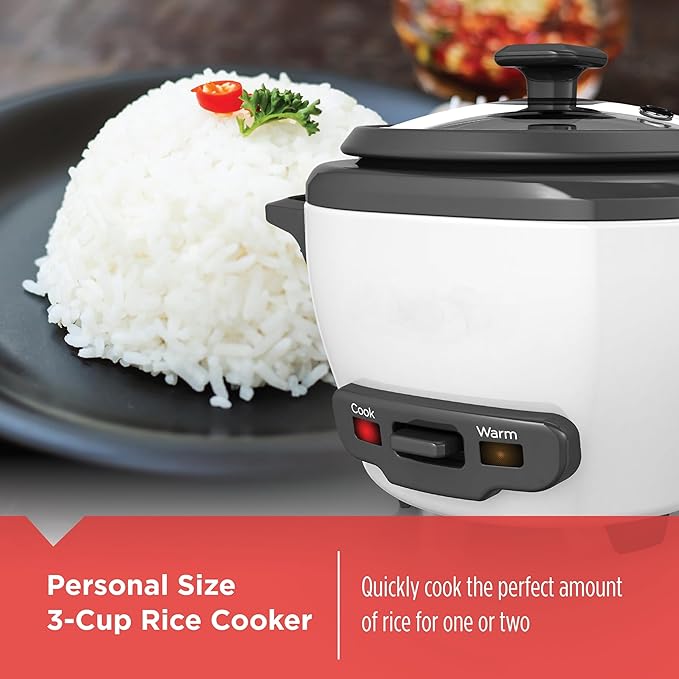 3-Cup Electric Rice Cooker Keep Warm Function White Insulation Detachable Pot Non Stick Dishwasher Safety Component Indicator Light Easy to Clean Tempered Glass Cover Plastic Rice