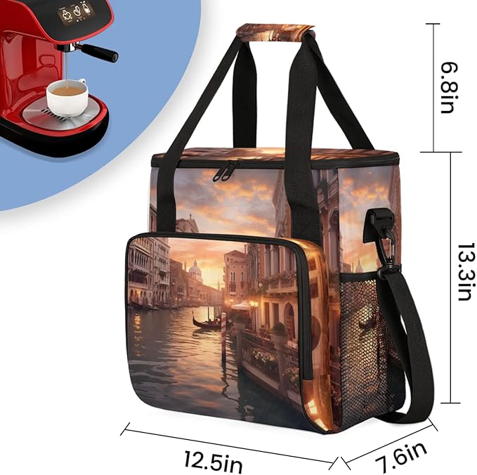 Water City Landscape Coffee Maker Travel Bag for Keurig K-Mini/K-Mini Plus Insulated Waterproof Tote with Pockets for K-Cup Portable Single-Serve Brewer Case