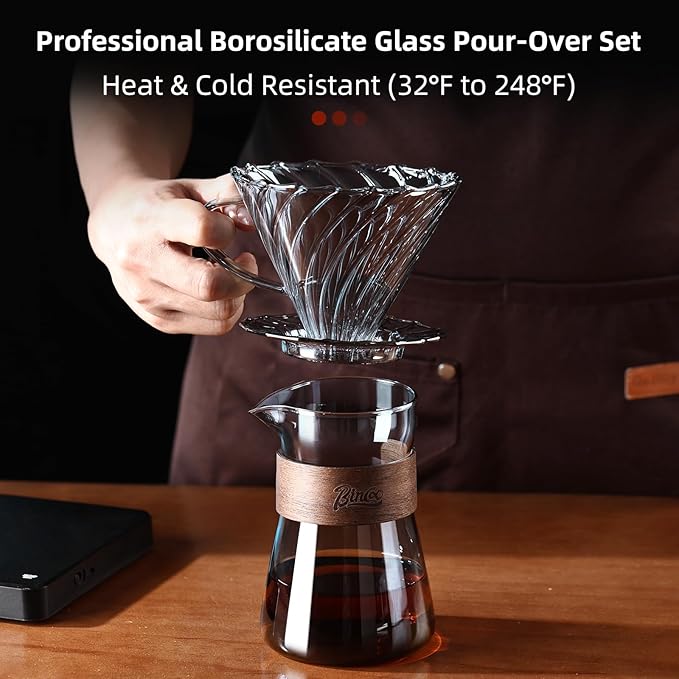 Bincoo Pour Over Coffee Dripper Set V-shape 60° Cone Drip Coffee Maker Included Borosilicate Glass Carafer and Coffee Dripper &amp 50 Pcs Size 02 Paper Filter 16oz(500ml) (Smoky Gray Set)